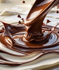 Rich chocolate being poured into a creamy vanilla liquid