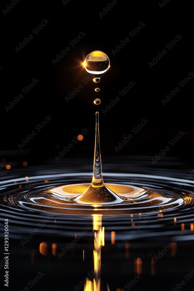 Poster captivating liquid drop collision with golden splash and ripple effect on dark surface for abstract 
