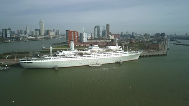 Drone footage of The front of the former ocean liner and cruise ship SS Rotterdam