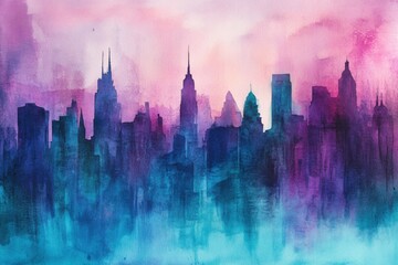Fototapeta premium Watercolor painting of a city skyline with tall buildings in shades of blue, purple, and pink, creating a dreamy urban atmosphere