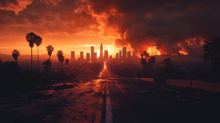 Obraz premium A burning city skyline under a fiery sunset, with smoke and flames engulfing the horizon as an empty road leads into destruction