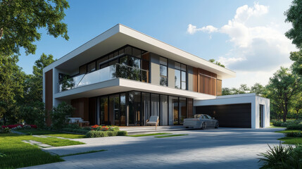 Isometric green modern house with garage. Residential building 3D icon. Modern architecture and real estate vector illustration.
