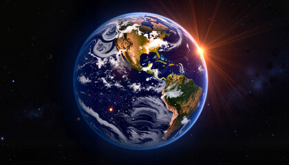 Heart-patterned Earth at dusk near black hole, cosmic harmony