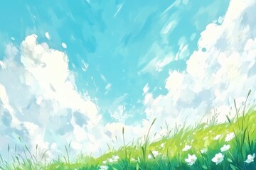 Serene Sky with Soft Clouds and Lush Green Grass Landscape