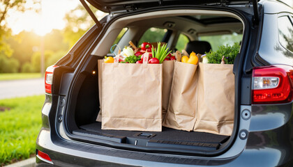 Groceries unloaded from insulated bags in parked car trunk, sustainability