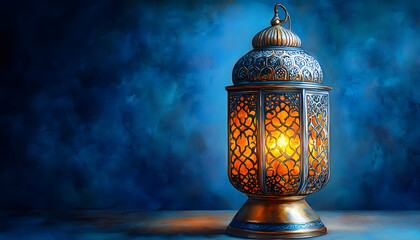 Ornate lantern glows softly on dark blue background