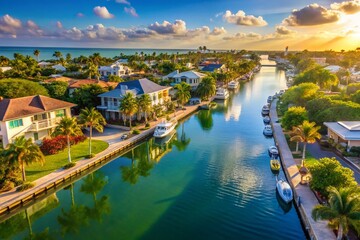 Florida Gulf Coast Canal Waterfront Homes: Aerial Drone View of Seaside Architecture