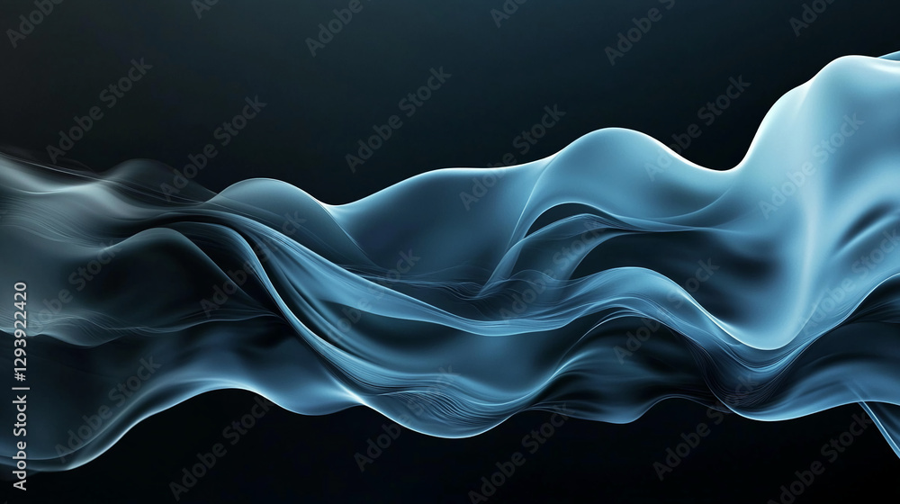 Poster abstract flowing blue smoke or light waves with smooth curves on a dark background, symbolizing calm