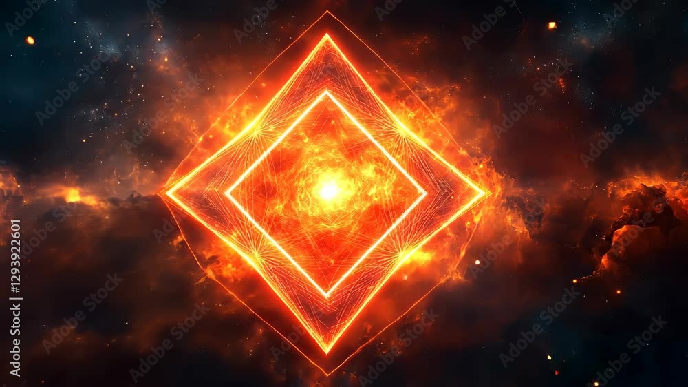 Poster geometric and mathematical symmetric and spherical atomic cloud with a red glow from.