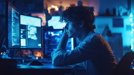 Focused young programmer working late at night on software development projects illuminated by computer screens in a dimly lit room showcasing dedication and late night coding sessions