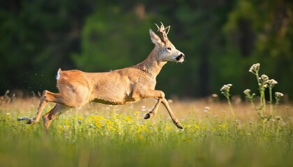 Fototapeta premium Summer Meadow Abuzz with Wildflowers Captivating Closeup of a Sprinting Roe Deer Buck, Beneath the Dappled Sunlight and Vibrant Floral Palette