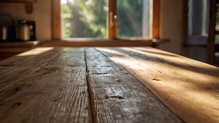 Bleached Rustic Wooden Table Top with Blurred Summer Kitchen Window