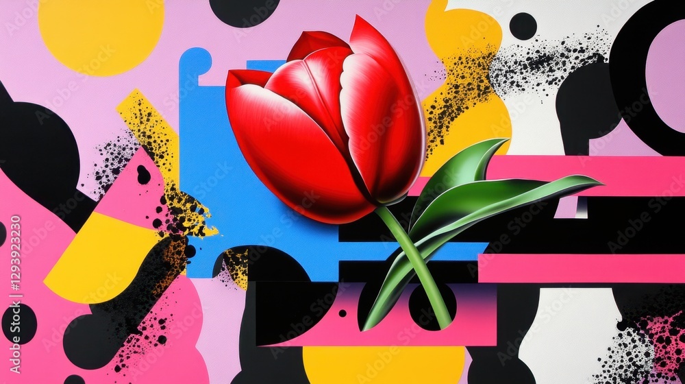 Poster a red flower is the main focus of this colorful and abstract painting. the flower is surrounded by a