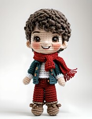 Cute handmade knitted doll with red scarf on a gray background