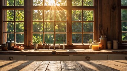 Bleached Rustic Wooden Table Top with Blurred Summer Kitchen Window