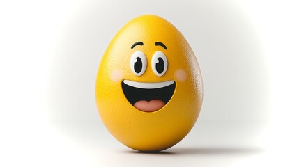 Fototapeta premium Bright yellow smiling egg character with cheerful expression on white background