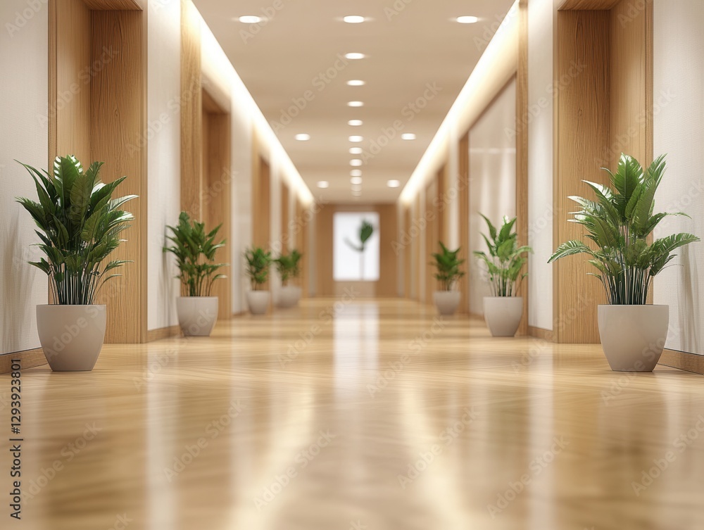 Poster serene indoor hallway with potted plants leading to bright light creating a peaceful and inviting at