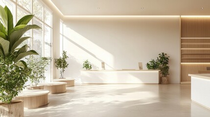 Fototapeta premium Bright and Modern Reception Area with Green Plants and Natural Light