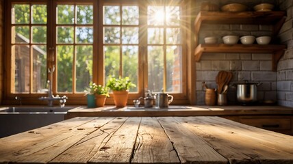 Bleached Rustic Wooden Table Top with Blurred Summer Kitchen Window