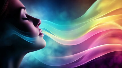 A serene profile illuminated by colorful waves of energy and emotion.