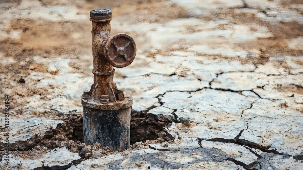 Poster isolated image of a rusty water pump placed on a cracked ground, side copy space
