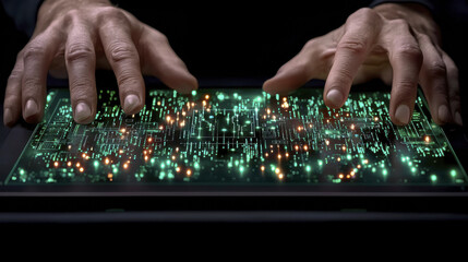 Naklejka premium Futuristic hands interacting with glowing digital interface, showcasing technology and innovation
