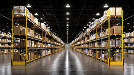 spacious warehouse filled with neatly stacked boxes on shelves, showcasing organized storage system