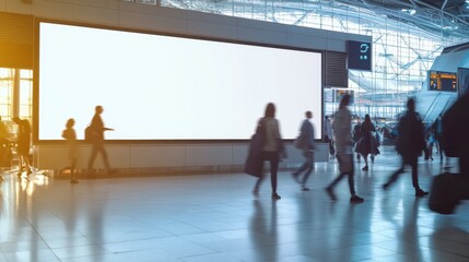 Blank billboard mockup in airport with motion blur of people walking by during daylight