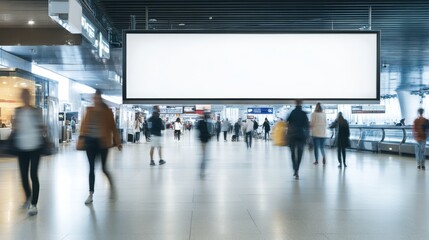 Blank billboard in airport terminal with blurred pedestrians walking in background