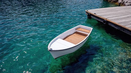 White boat on turquoise water near dock. Calm water.  Possible use Stock photo for travel, nature, vacation