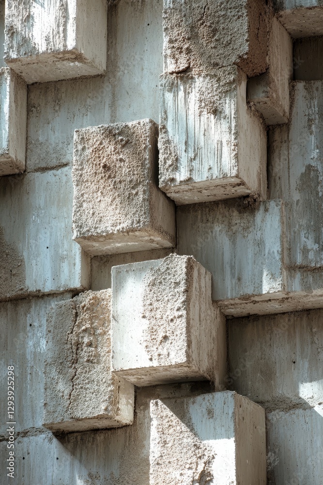 Poster concrete blocks stacked unevenly creating a textured wall.