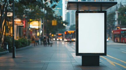 Vertical advertising poster mockup at bus stop shelter in city center with blurred pedestrians in background