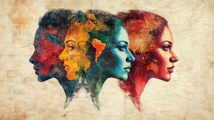 Profiles with world map overlays in vibrant colors, conveying global unity.
