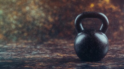 Fototapeta premium Solid black kettlebell rests on textured surface in gym setting