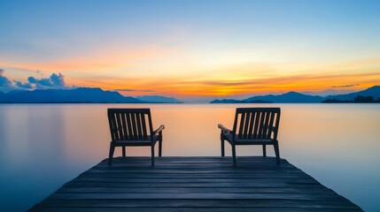 Tranquil sunset view with two empty chairs on a wooden dock overlooking calm water