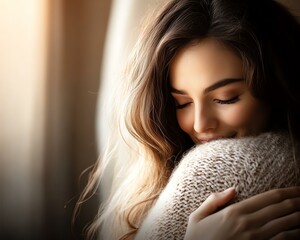 A woman embraces herself with a warm smile, radiating comfort and self-love.