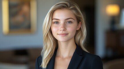 Fototapeta premium Blonde woman in blazer smiles in upscale home office setting