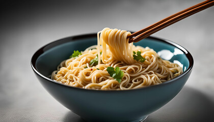 Close up of chopsticks lifting noodles from a blue bowl