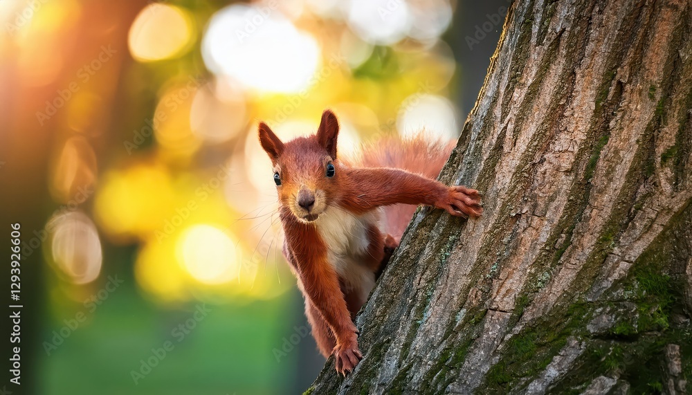 Poster whimsical squirrel perched on a tree branch, amidst an enchanting forest backdrop, catching the last