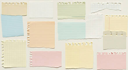 Collection of Torn Pastel Notebook Papers on White Background
