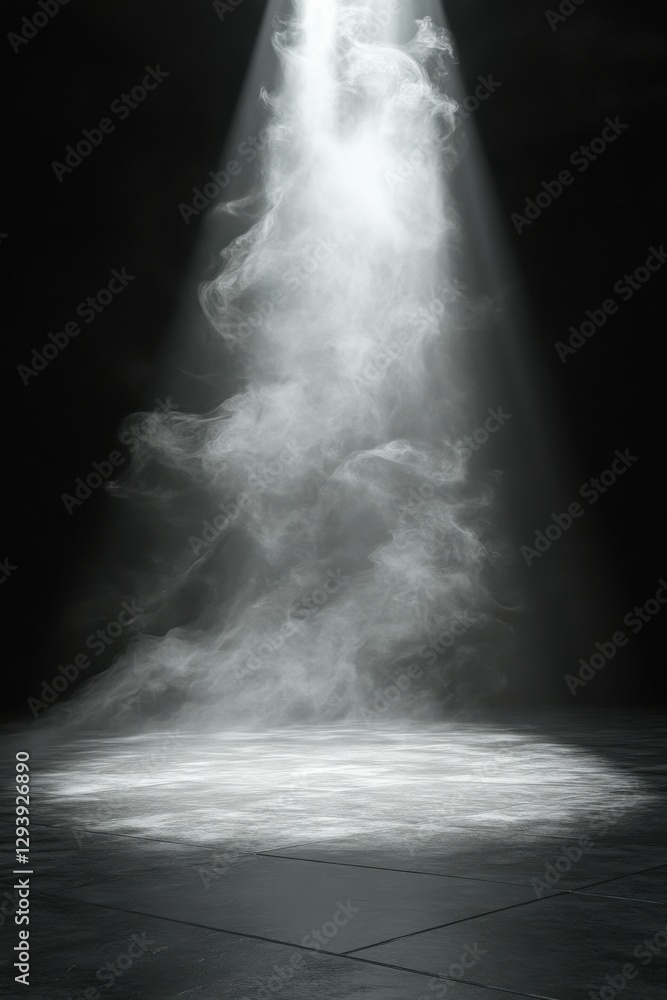 Poster dramatic spotlight illuminates smoky stage floor creating a mysterious and ethereal atmosphere with 