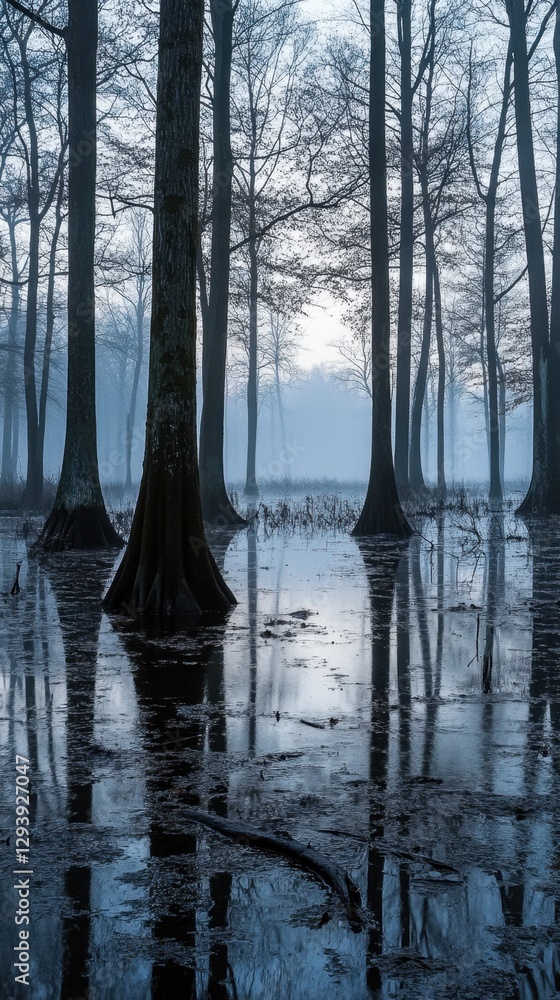 Poster ethereal cypress swamp landscape with misty atmosphere and reflections in still water creating a ser