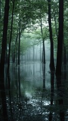 Fototapeta premium Serene Forest Landscape with Foggy Atmosphere and Reflections in Water Capturing the Mystical Mood and Natural Beauty of the Woodland Scene