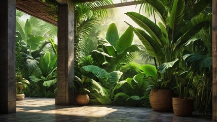 Fototapeta premium Exotic Tropical Wall with Palm and Banana Leaves