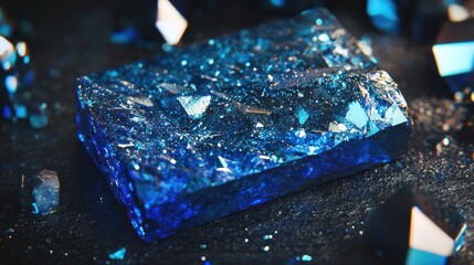 Blue resin block, shattered crystals, dark background. Stock photo