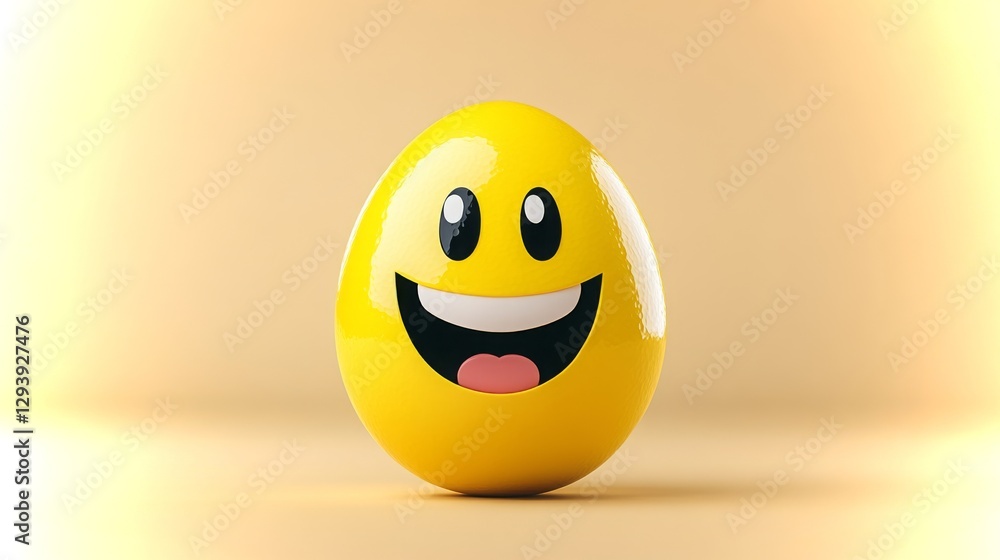 Poster bright yellow egg with smiley face expressing joy in a cheerful setting