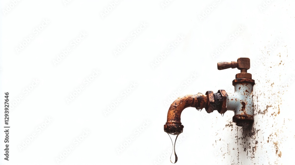 Poster isolated image of a single drop of water falling from a rusty tap, placed on a white background, sid