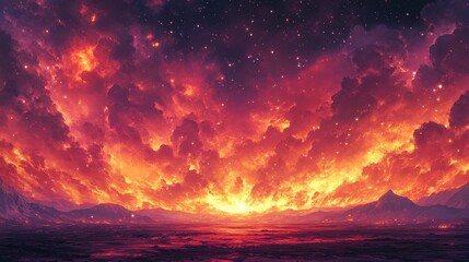 Fototapeta premium A fiery landscape awash in vivid oranges, yellows, and reds under a star-studded night sky, creating a breathtaking spectacle