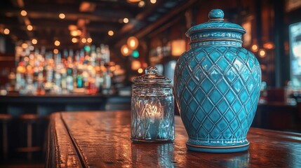 Blue Decorative Jar And Candle On Wooden Bar Counter