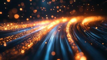 Glowing optical fiber strands representing high-speed internet connection.